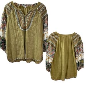 JOHN‎ MARK Size M Embroidered Olive w/ Blue Floral Loose Tunic Blouse $119